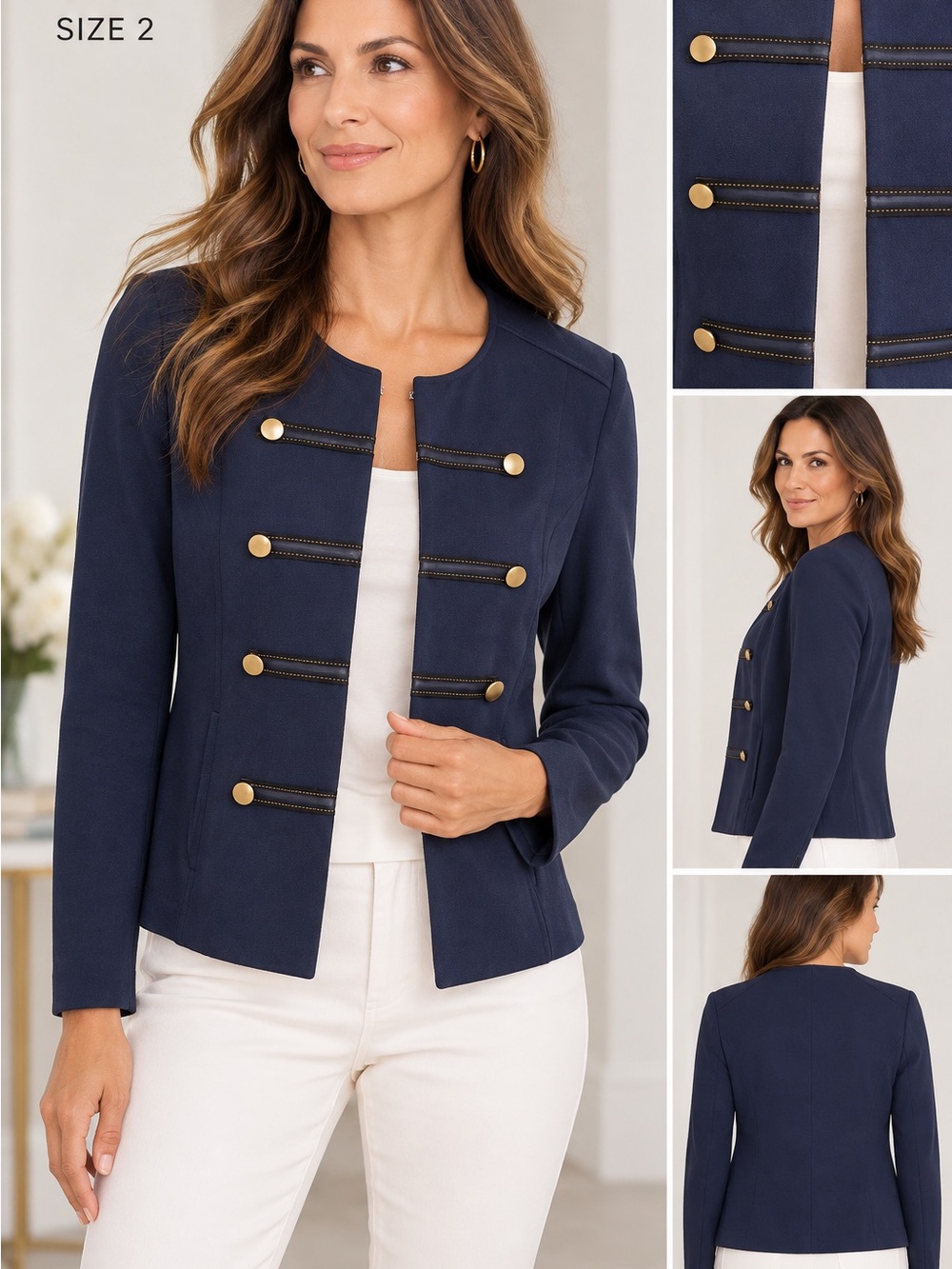 Chico's Navy Military-Style Blazer with Gold Buttons